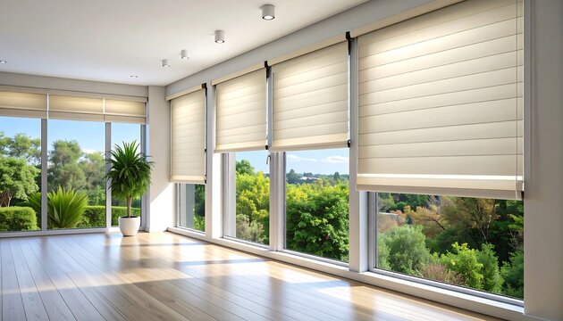 Fototapeta Modern room with large windows, blinds, and garden view