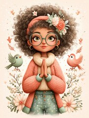 Charming Illustration of a Girl with Curly Hair and Floral Elements