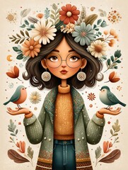 Enchanting Young Woman with Floral Hair and Birds in Hands
