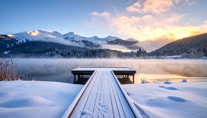 Snowy winter sunrise over a serene lake with a wooden dock