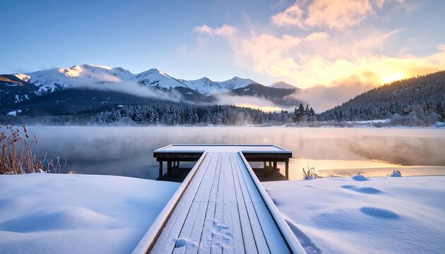 Snowy winter sunrise over a serene lake with a wooden dock - Powered by Adobe