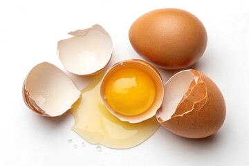 Brown chicken egg cracked open with yolk and shell pieces isolated on white background