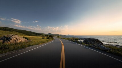 Fototapeta premium Vibrant photo of empty asphalt highway and blue sea nature landscape at sunset.