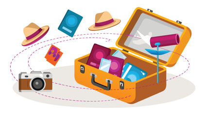 Open suitcase with travel items including camera hats and passports on a white background design style