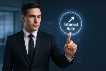 Professional Businessman Analyzing Interest Rates with Digital Interface