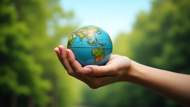 A person's hand holding a small Earth globe against a blurred green forest, symbolizing environmental care and global responsibility.