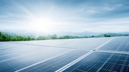 Solar panels installed on a rooftop, capturing sunlight with a scenic landscape in the background, showcasing renewable energy technology and sustainability
