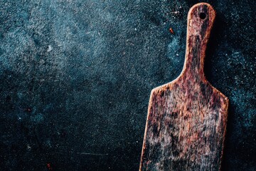 Worn wooden cutting board on dark textured surface