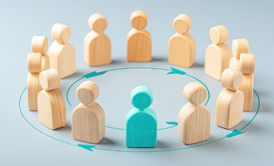 Light-colored wooden figures in a circle, teal-colored figure in center, circular arrows