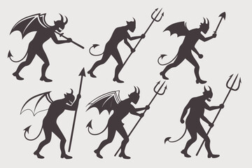 Naklejka premium A collection of black vector silhouettes depicting mythological demon characters with horns, tails, and wings, holding tridents in various aggressive poses.