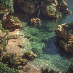 Obraz premium Coastal cove, rocks, clear water, sunlight