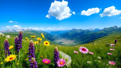 Colorful Wildflower Meadow in Mountain Landscape