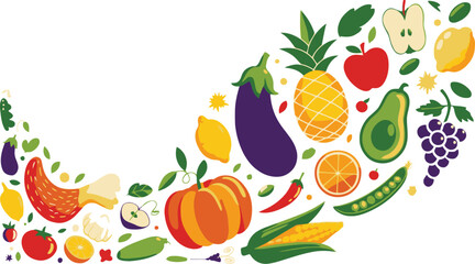 Title (115+ characters):
Colorful Healthy Food and Ingredients Wave: Flat Design Illustration with Pineapple, Avocado, Chicken, and Vegetables for Recipes and Restaurant Banners.