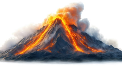Volcano erupting with fiery lava and thick smoke clouds against a clean dark background, PNG, isolated on transparent background.