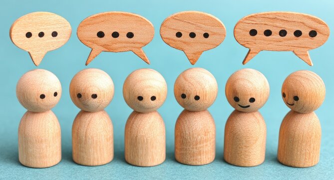 Wooden figures with speech bubbles, representing communication and diverse reactions