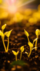 Close-up of new crop sowing. Sprouts are breaking through the soil in the rays of the sun