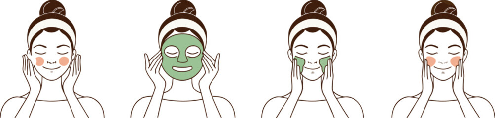 Female Skincare Routine and Beauty Treatment: A Woman's Face with a Sheet Mask and Facial Massage for Self-Care and Healthy Skin Line Art