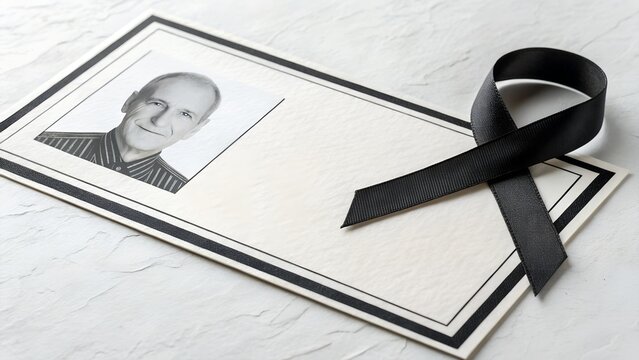 Funeral memorial card with black ribbon and photo on textured white background