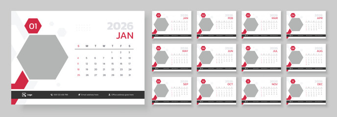 Desk calendar design template 2026. Minimalist desk calendar 2026 template. Template for annual calendar 2026. Week start on Sunday.