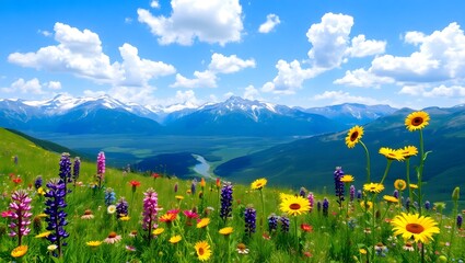 Colorful Wildflower Meadow in Mountain Landscape