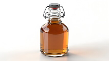 Glass bottle with swing top filled with amber liquid on white background