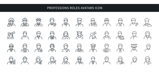set of Essential professions and diverse job roles avatars icon . Thin line editable stroke icons for careers, jobs, workplace, service, education, occupations, employment
