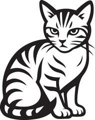 Tabby cat sitting black and white vector, Stylized feline animal graphic illustration