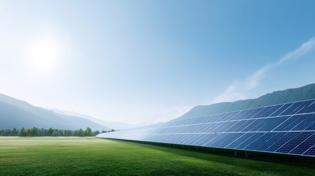 Solar panels installed in a vast green field under a clear blue sky, showcasing renewable energy technology and sustainable living concepts - Powered by Adobe