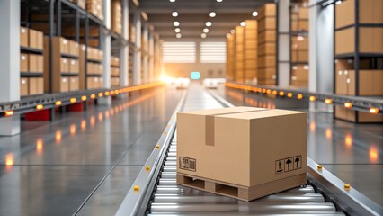 Cardboard box on conveyor belt in automated warehouse with shelves and orange lighting