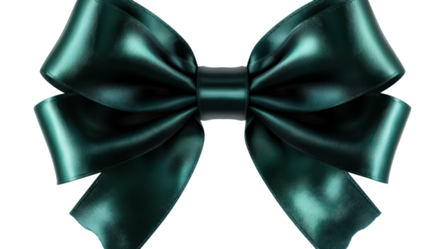 Dark green satin bow with luxurious textures perfect for elegant gift wrapping and festive decorations, PNG, isolated on transparent background.