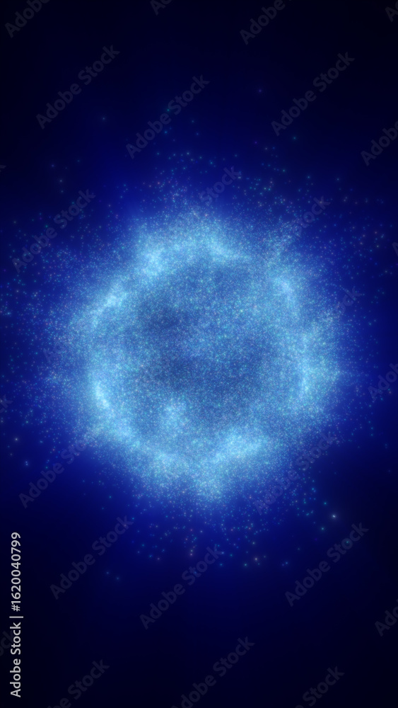 Poster blue glowing particle sphere in deep space, resembling a nebula or energy cluster in a digital cosmo