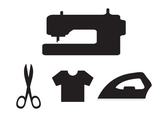 Tailors accessories, supplies and equipment to sew cloth. Dressmaking collection with thread rolls, button, needles, zipper, sewing machine, mannequin, scissors, iron. Tailoring studio