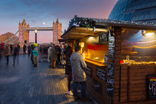 Christmas Market, The Scoop and Tower Bridge, South Bank, London, England