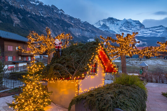 Christmas lights near Dorfstrasse in Wengen, Jungfrau region, Bernese Oberland, Swiss Alps, Switzerland