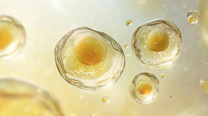 An introducing the cell structure of a product. The background is a gradient from light yellow. Floating cells in the gold background, skin treatment, biology and medicine concept, 3d rendering.