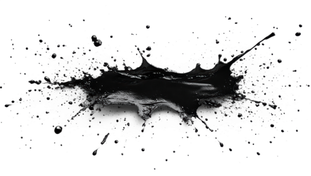 Frozen water splash captured mid-air with dynamic black ink liquid flow, perfect for creative graphic designs, PNG, isolated on transparent background.