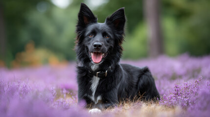 Black dog with white chest lying purple flower field with happy
