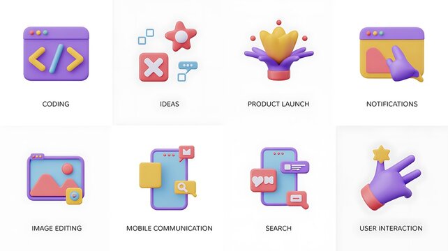 Collection of modern flat design icons representing web development and digital marketing concepts