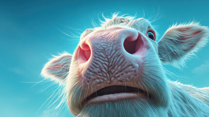 Cow face close up with detailed nose and fur under blue sky