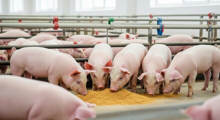 Pigs feeding at farm in clean enclosure
