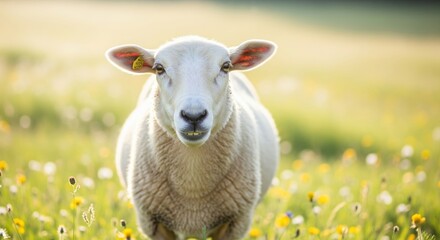 Obraz premium Sheep grazing in sunny pasture with wildflowers
