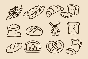 Bakery and Bread Icons Ink Sketch Vector Illustration