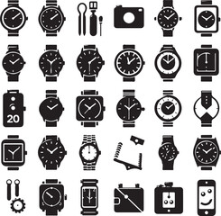 Minimal Black Wrist Watch and Tool Icon Set in Silhouette Style