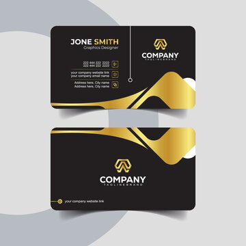 Luxury Black and Gold Business Card Template with Smooth Wave Design. Modern minimalist business card design in black with elegant golden details.