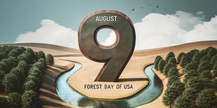 Giant number nine stands tall in a surreal landscape with winding rivers and forested hills under a cloudy sky representing a significant date or milestone