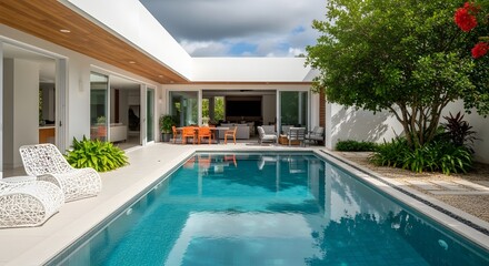 Luxury tropical resort swimming pool at night