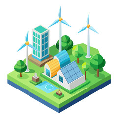 Eco friendly isometric cityscape with wind turbines and solar panels isolated on white background