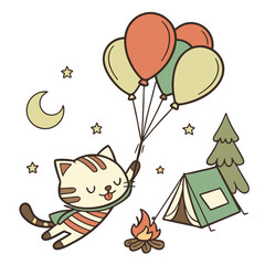 Playful Mischievous Sleeping cat design, styled with floating with balloons and Campfire Glow shades in a Camping trip setting