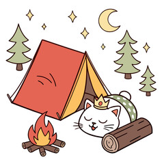 Vector illustration of a Mischievous Sleeping cat with with a tiny crown, styled in a Camping trip theme using Campfire Glow colors