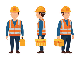 Vector illustration of a construction worker in safety gear with a toolbox
